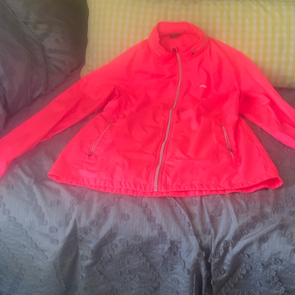 Hind Pink w/ gray trim light running, walking, biking jacket with built in hood